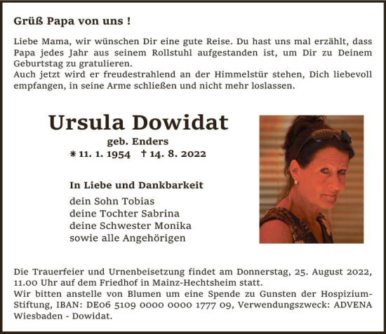 Traueranzeige von Ursula Dowidat von vrm-trauer AZ Mainz