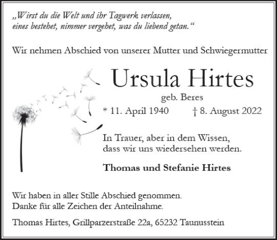 Traueranzeige von Ursula Hirtes von vrm-trauer Wiesbadener Kurier