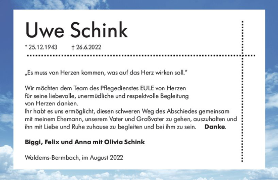 Traueranzeige von Uwe Schink von vrm-trauer Idsteiner Zeitung