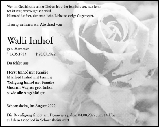 Traueranzeige von Walli Imhof von vrm-trauer Allgemeine Zeitung Alzey