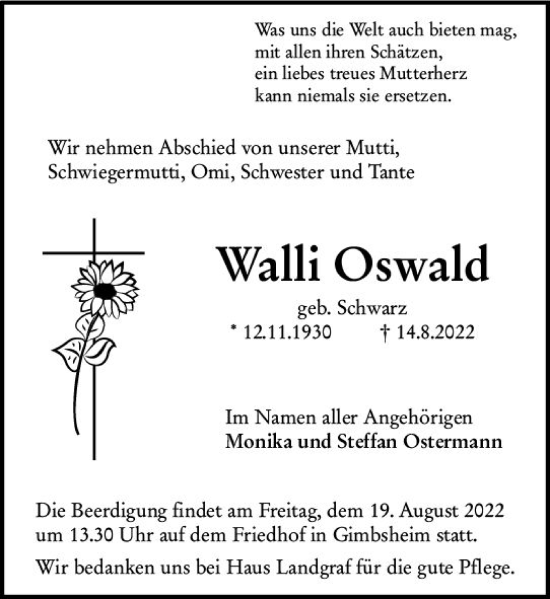 Traueranzeige von Walli Oswald von vrm-trauer Wormser Zeitung