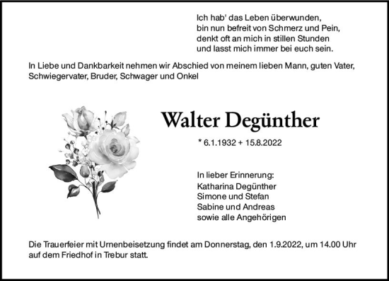 Traueranzeige von Walter Degünther von vrm-trauer Rüsselsheimer Echo / MainSpitze