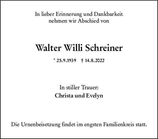 Traueranzeige von Walter Willi Schreiner von vrm-trauer Wiesbadener Kurier