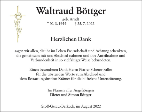 Traueranzeige von Waltraud Böttger von vrm-trauer Groß-Gerauer Echo