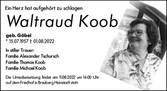 Traueranzeige von Waltraud Koob von vrm-trauer DieburgerAnzeiger/Groß-Zimmerner Lokala