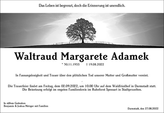 Traueranzeige von Waltraud Margarete Adamek von vrm-trauer Darmstädter Echo