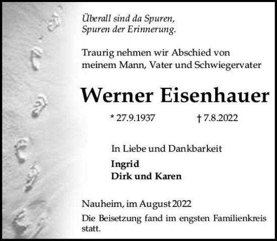 Traueranzeige von Werner Eisenhauer von vrm-trauer Rüsselsheimer Echo / MainSpitze