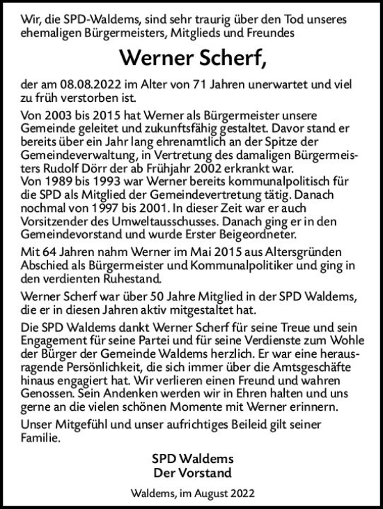 Traueranzeige von Werner Scherf von vrm-trauer Idsteiner Zeitung