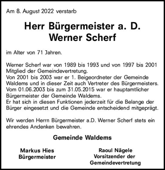 Traueranzeige von Werner Scherf von vrm-trauer Idsteiner Zeitung