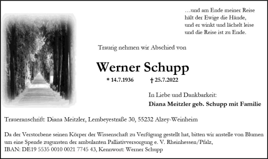 Traueranzeige von Werner Schupp von vrm-trauer Allgemeine Zeitung Alzey