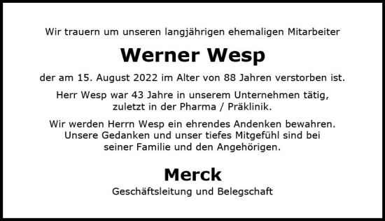 Traueranzeige von Werner Wesp von vrm-trauer Darmstädter Echo