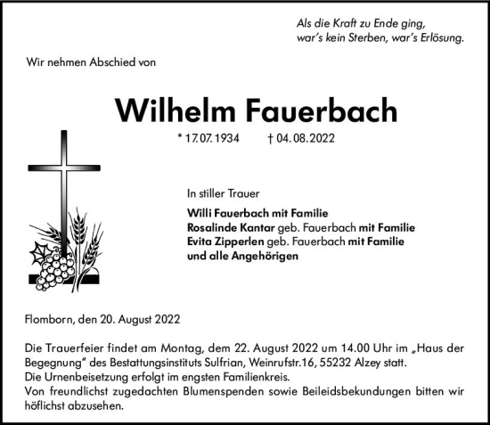 Traueranzeige von Wilhelm Fauerbach von vrm-trauer Allgemeine Zeitung Alzey