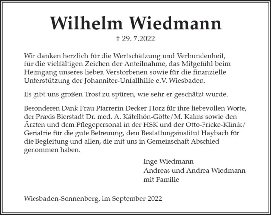 Traueranzeige von Wilhelm Wiedmann von vrm-trauer Wiesbadener Kurier