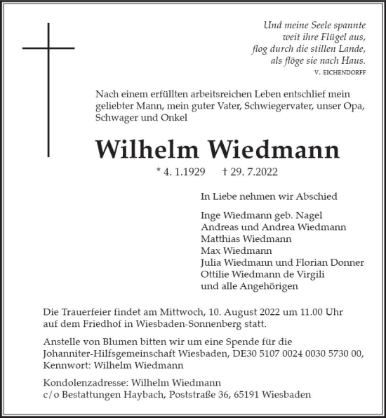 Traueranzeige von Wilhelm Wiedmann von vrm-trauer Wiesbadener Kurier