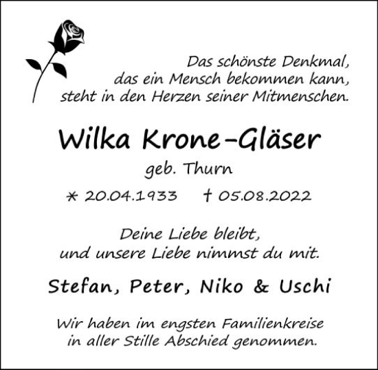 Traueranzeige von Wilka Krone-Gläser von vrm-trauer Allgemeine  Zeitung Ingelheim-Bingen