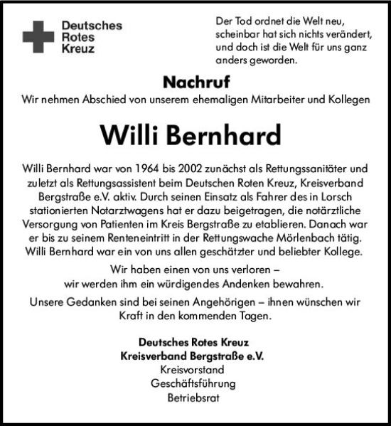 Traueranzeige von Willi Bernhard von vrm-trauer Bürstädter/Lamperth. Ztg/Starkenburger