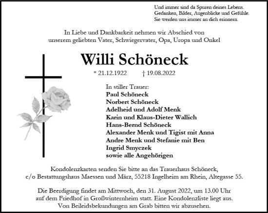 Traueranzeige von Willi Schöneck von vrm-trauer Allgemeine  Zeitung Ingelheim-Bingen