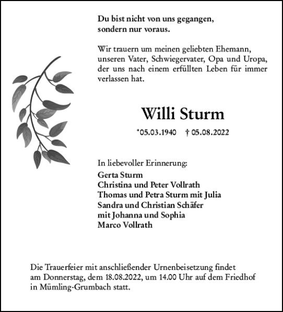 Traueranzeige von Willi Sturm von vrm-trauer Odenwälder Echo