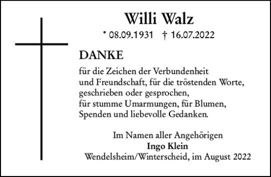 Traueranzeige von Willi Walz von vrm-trauer Allgemeine Zeitung Alzey