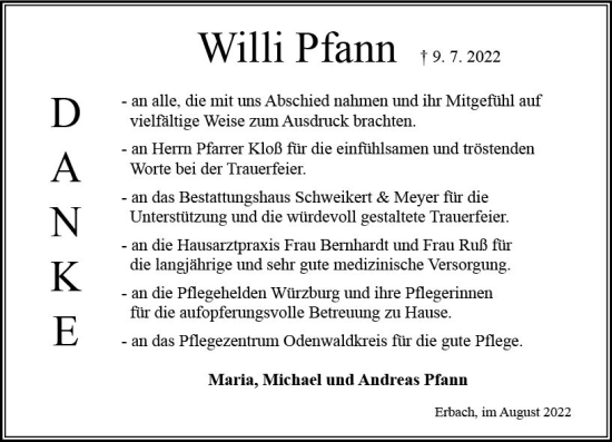 Traueranzeige von Willi Pfann von vrm-trauer Odenwälder Echo