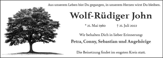 Traueranzeige von Wolf-Rüdiger John von vrm-trauer Wiesbadener Kurier