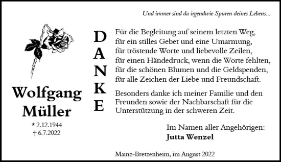 Traueranzeige von Wolfgang Müller von vrm-trauer AZ Mainz