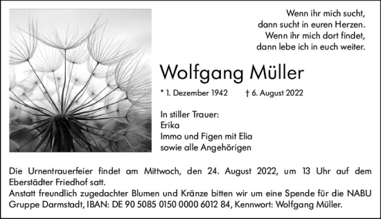 Traueranzeige von Wolfgang Müller von vrm-trauer Darmstädter Echo