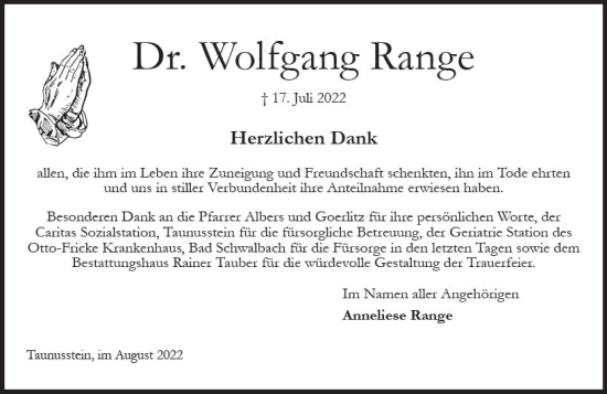Traueranzeige von Wolfgang Range von vrm-trauer Wiesbadener Kurier