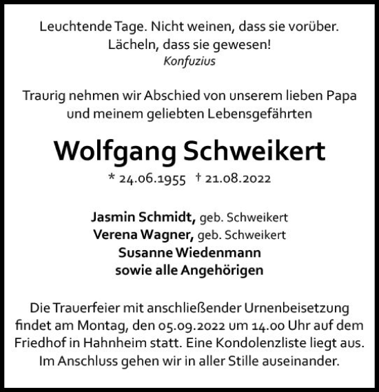 Traueranzeige von Wolfgang Schweikert von vrm-trauer AZ Mainz