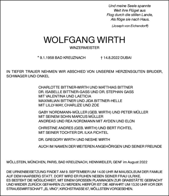 Traueranzeige von Wolfgang Wirth von vrm-trauer Allg. Zeitung Bad Kreuznach