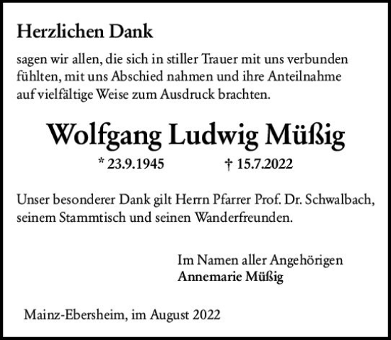 Traueranzeige von Wolfgang Ludwig Müßig von vrm-trauer AZ Mainz