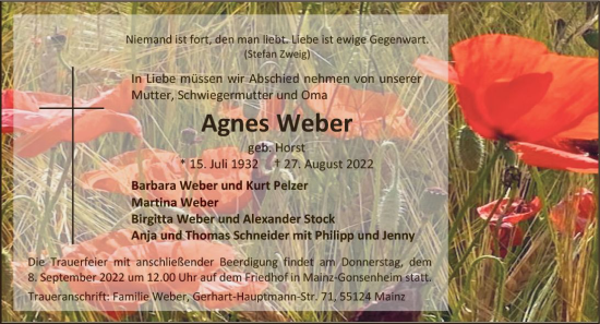 Traueranzeige von Agnes Weber von vrm-trauer AZ Mainz