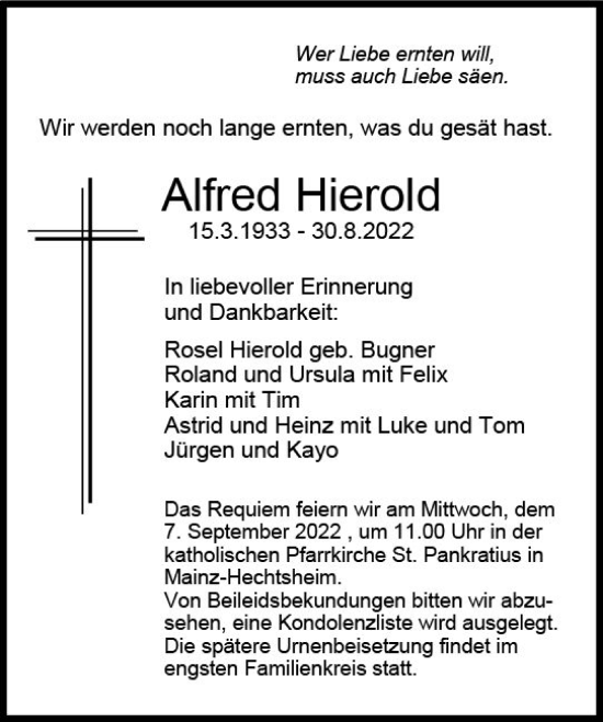 Traueranzeige von Alfred Hierold von vrm-trauer AZ Mainz