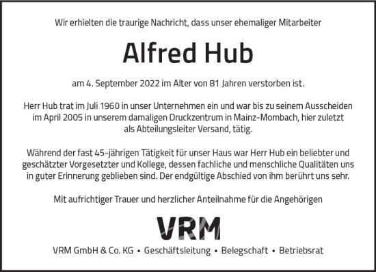 Traueranzeige von Alfred Hub von vrm-trauer AZ Mainz