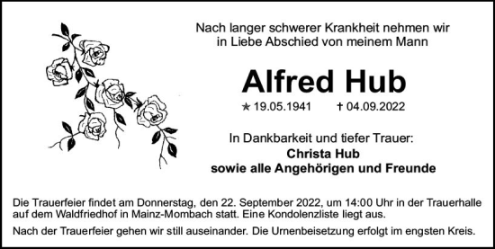 Traueranzeige von Alfred Hub von vrm-trauer AZ Mainz