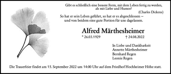 Traueranzeige von Alfred Märthesheimer von vrm-trauer Wormser Zeitung