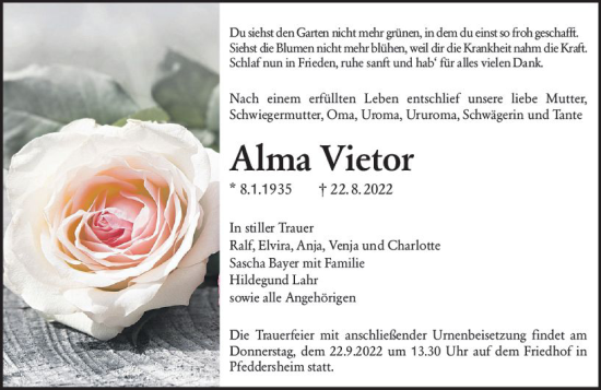 Traueranzeige von Alma Vietor von vrm-trauer Wormser Zeitung