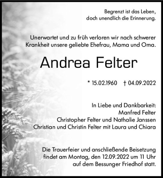 Traueranzeige von Andrea Felter von vrm-trauer Darmstädter Echo