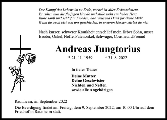 Traueranzeige von Andreas Jungtorius von vrm-trauer Rüsselsheimer Echo / MainSpitze