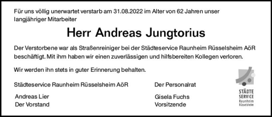 Traueranzeige von Andreas Jungtorius von vrm-trauer Rüsselsheimer Echo / MainSpitze