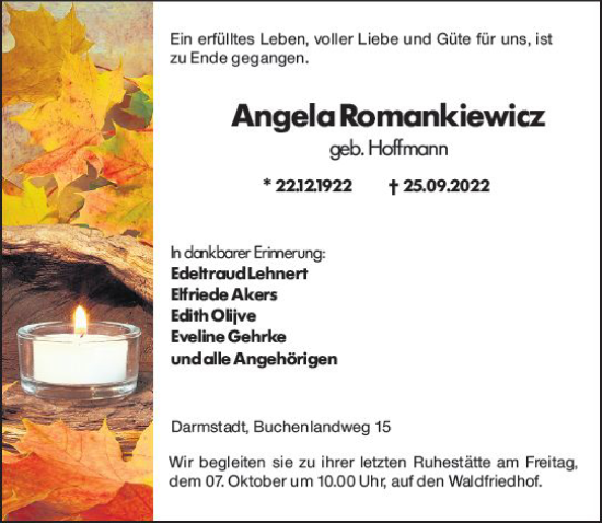 Traueranzeige von Angela Romankiewicz von vrm-trauer Darmstädter Echo