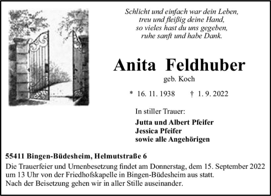 Traueranzeige von Anita Feldhuber von vrm-trauer Allgemeine  Zeitung Ingelheim-Bingen