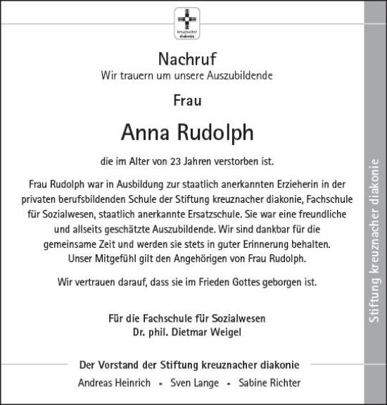 Traueranzeige von Anna Rudolph von vrm-trauer Allg. Zeitung Bad Kreuznach