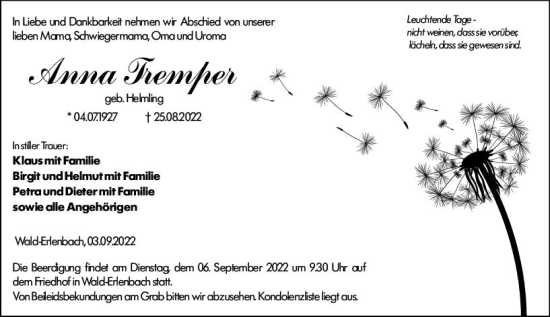 Traueranzeige von Anna Tremper von vrm-trauer Bürstädter/Lamperth. Ztg/Starkenburger