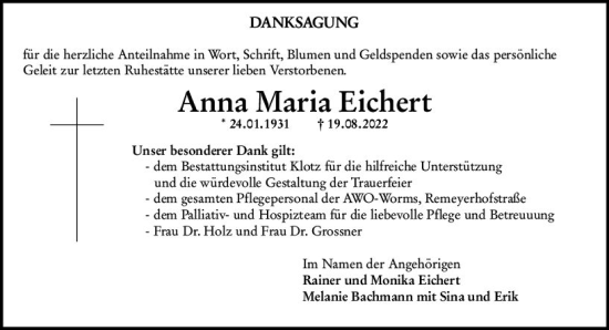 Traueranzeige von Anna Maria Eichert von vrm-trauer Wormser Zeitung