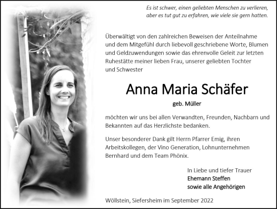 Traueranzeige von Anna Maria Schäfer von vrm-trauer Allg. Zeitung Bad Kreuznach