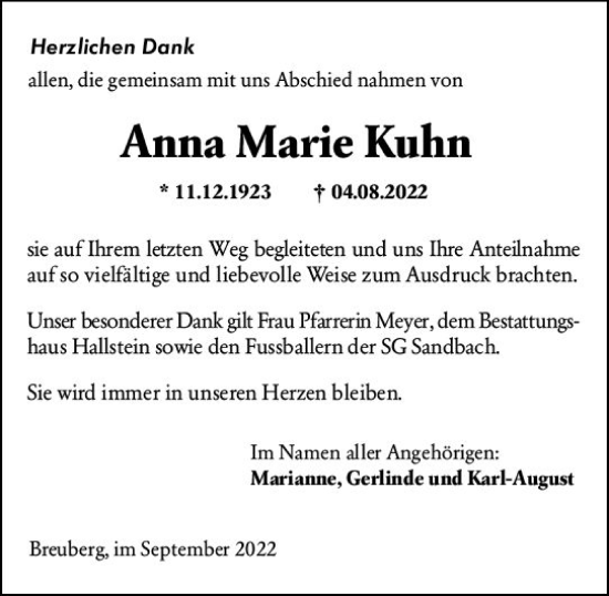 Traueranzeige von Anna Marie Kuhn von vrm-trauer Odenwälder Echo