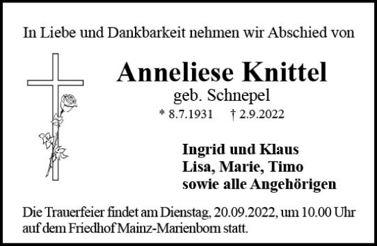 Traueranzeige von Anneliese Knittel von vrm-trauer AZ Mainz