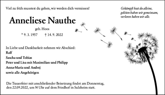 Traueranzeige von Anneliese Nauthe von vrm-trauer Allgemeine Zeitung Alzey