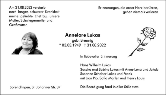 Traueranzeige von Annelore Lukas von vrm-trauer Allgemeine  Zeitung Ingelheim-Bingen
